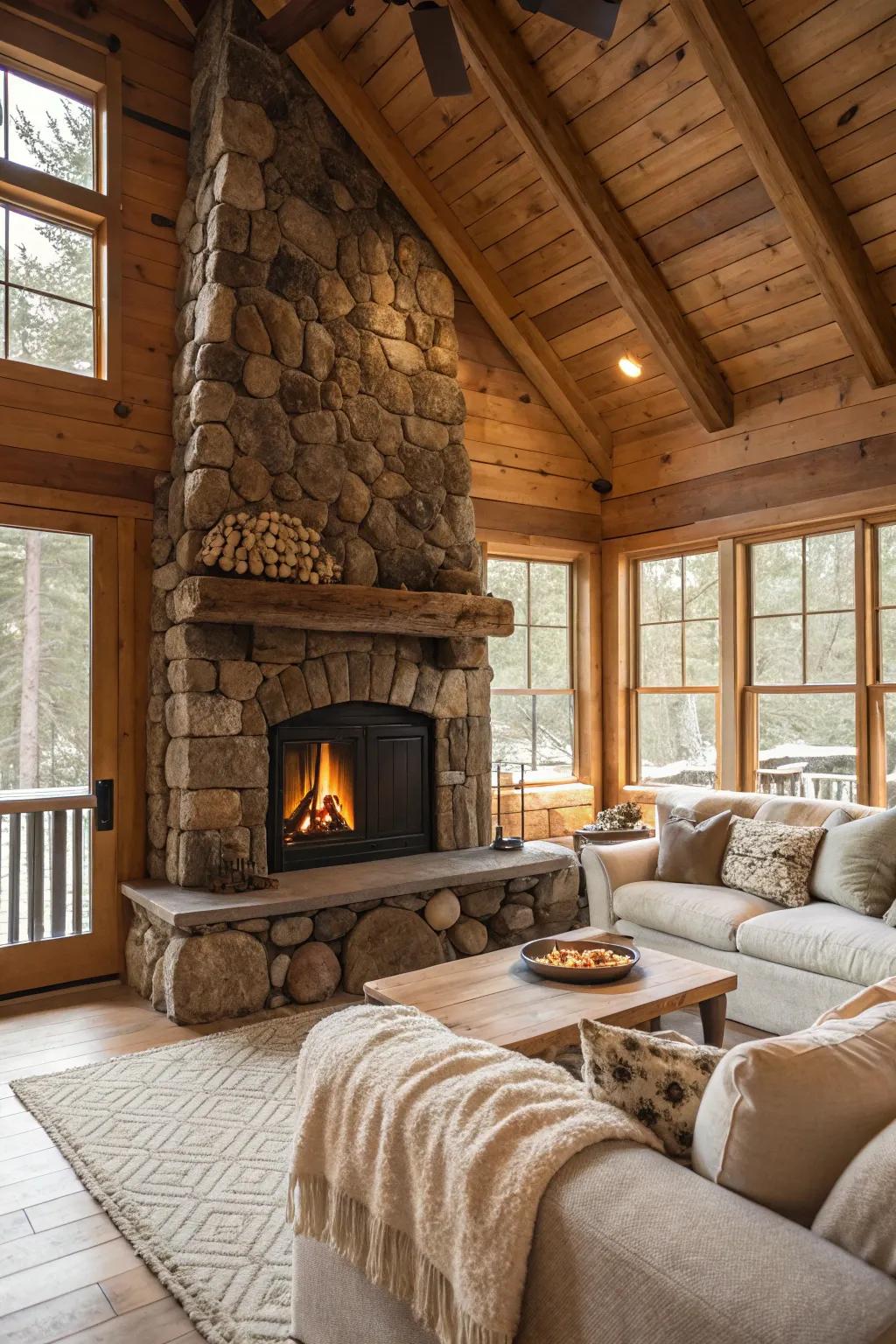 A stone hearth crafts a toasty and pleasant focal point.
