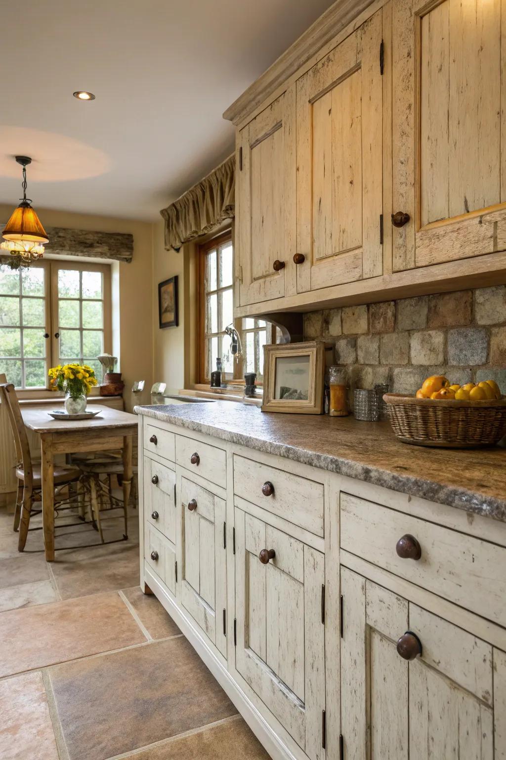 Wooden knobs enhance the rustic charm of distressed cabinets.