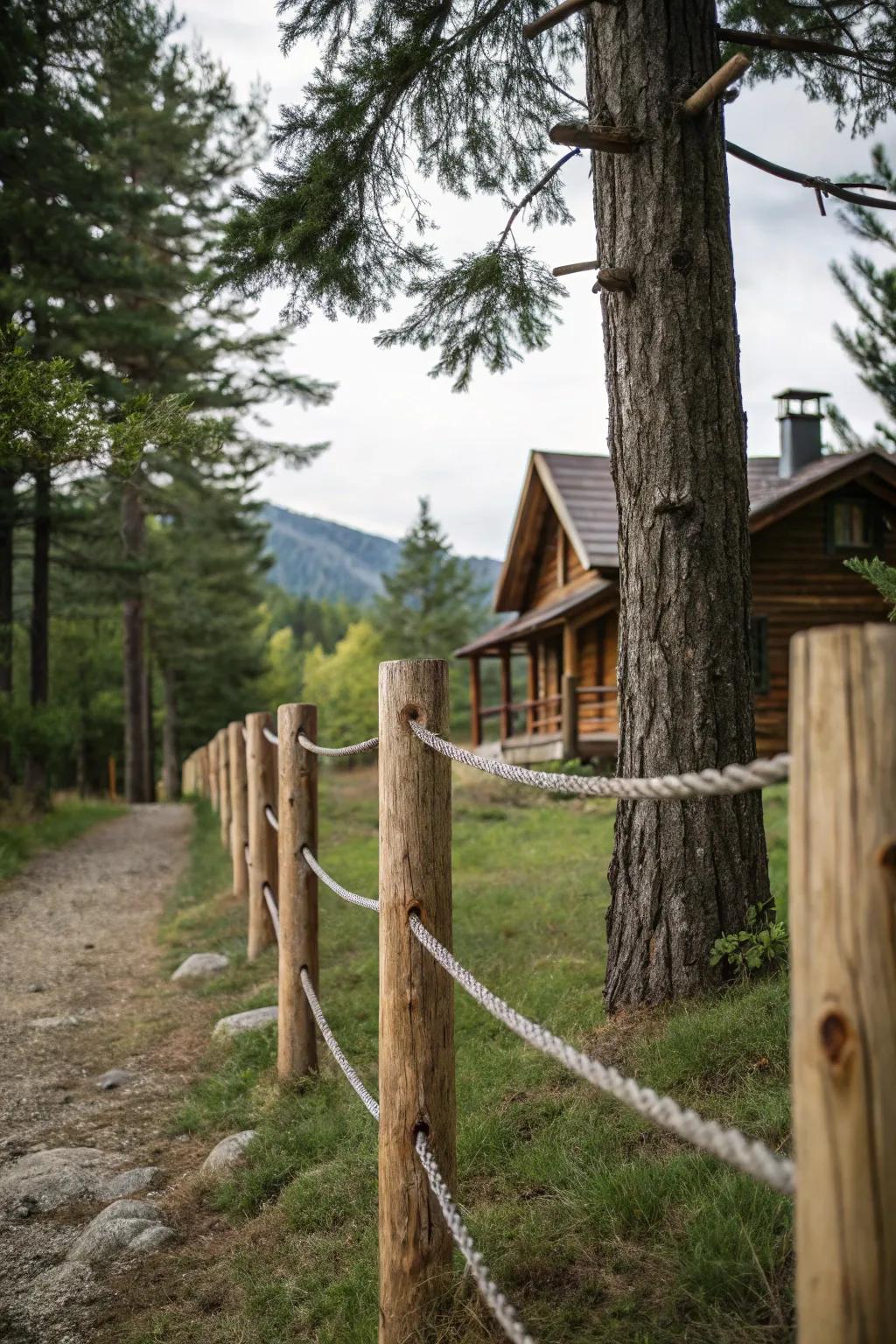 Rustic wooden and thread strand fence blend