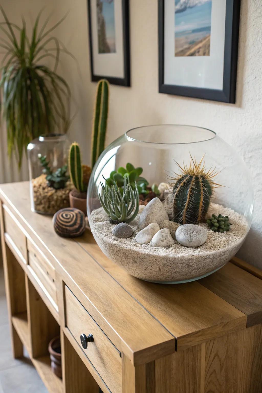 A miniature desert landscape captured in a glass terrarium.