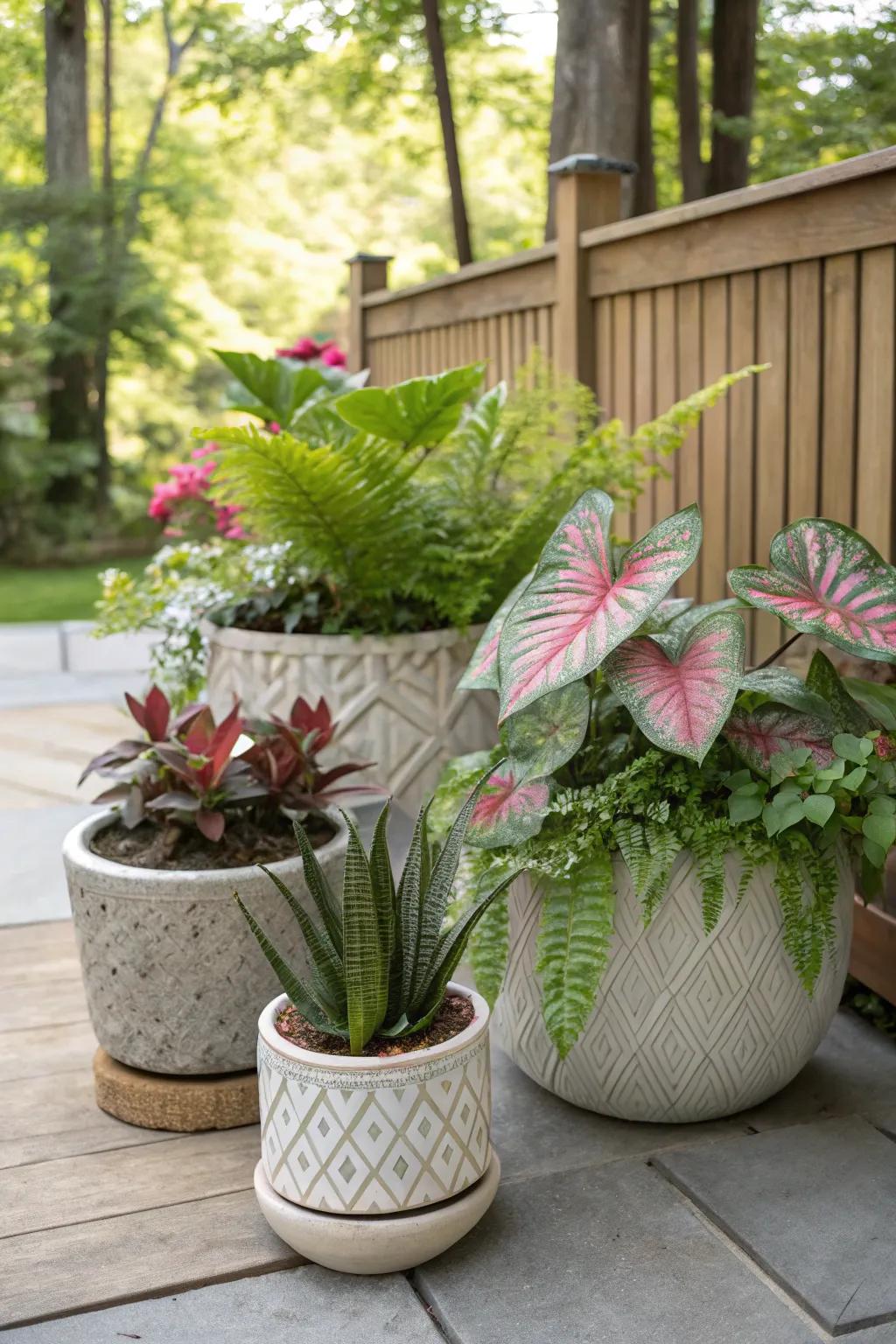 Textural contrast with caladiums and other plants creates visual interest.
