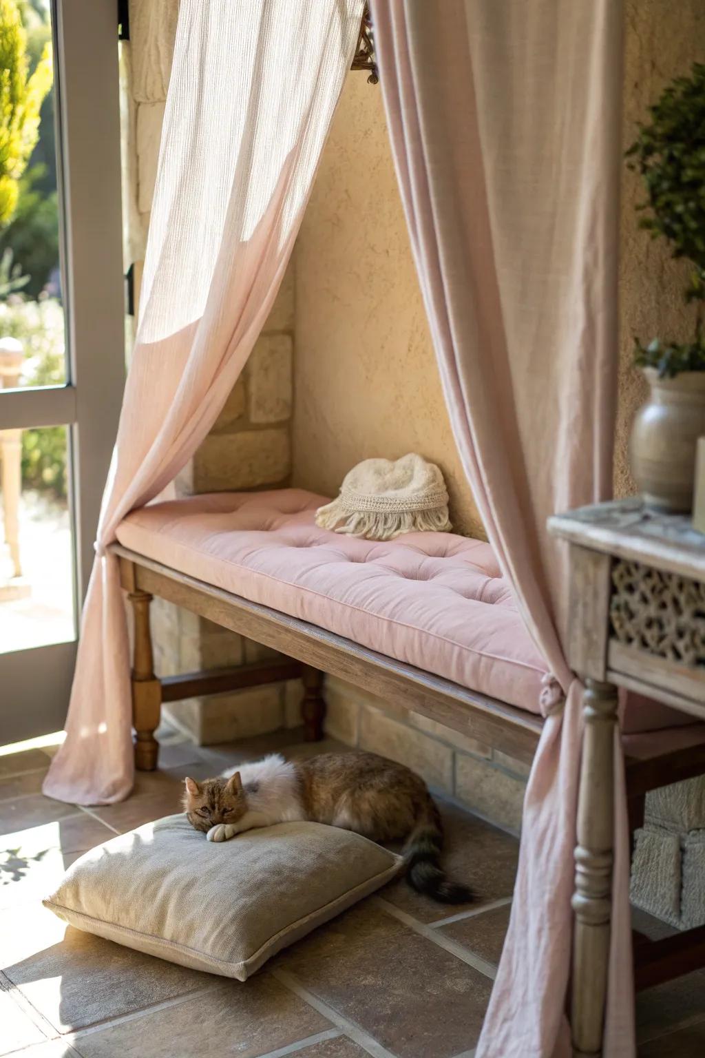 A cozy hideaway under a bench, perfect for a cat's private retreat.