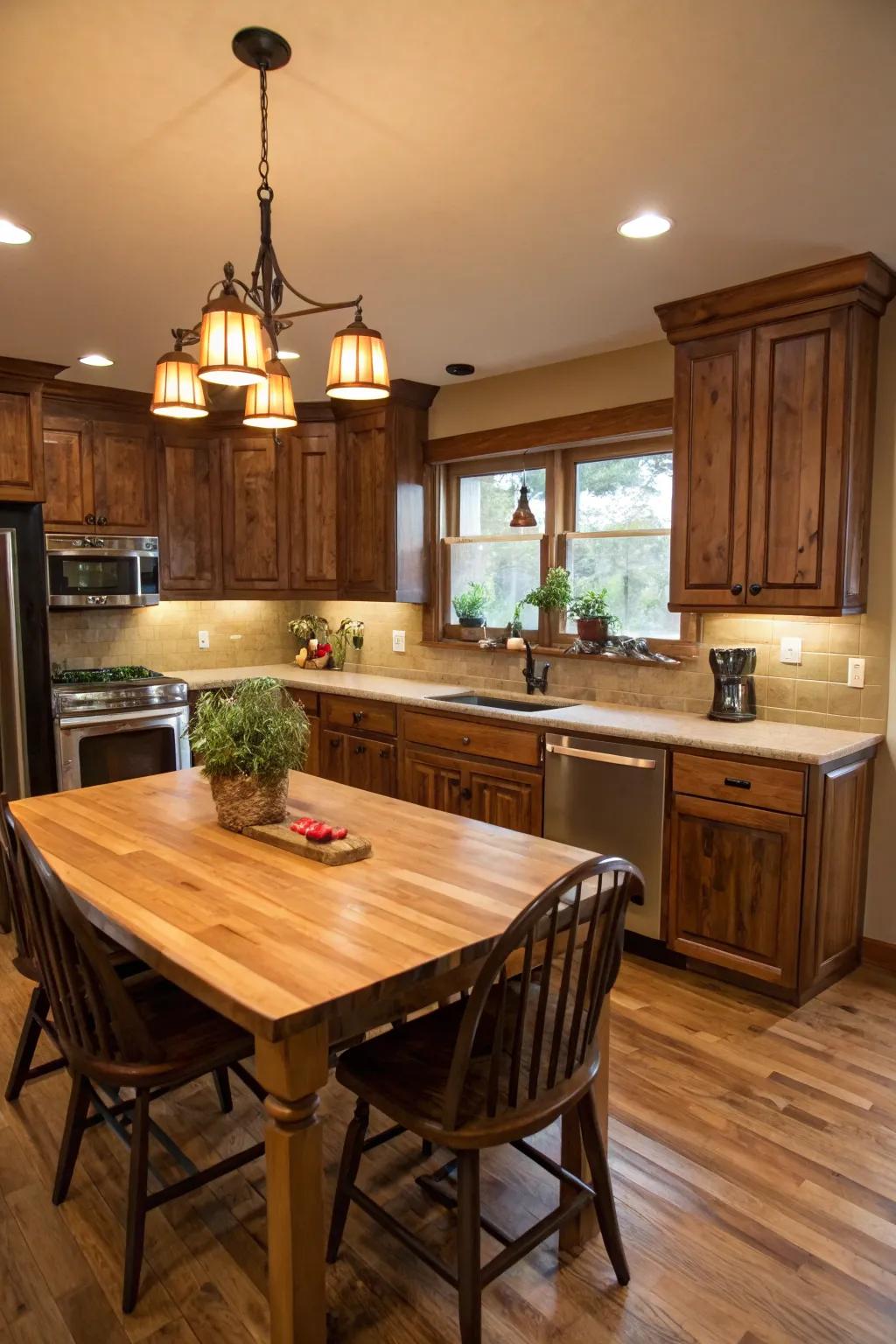 Inviting kitchen with classic butcher block countertops.