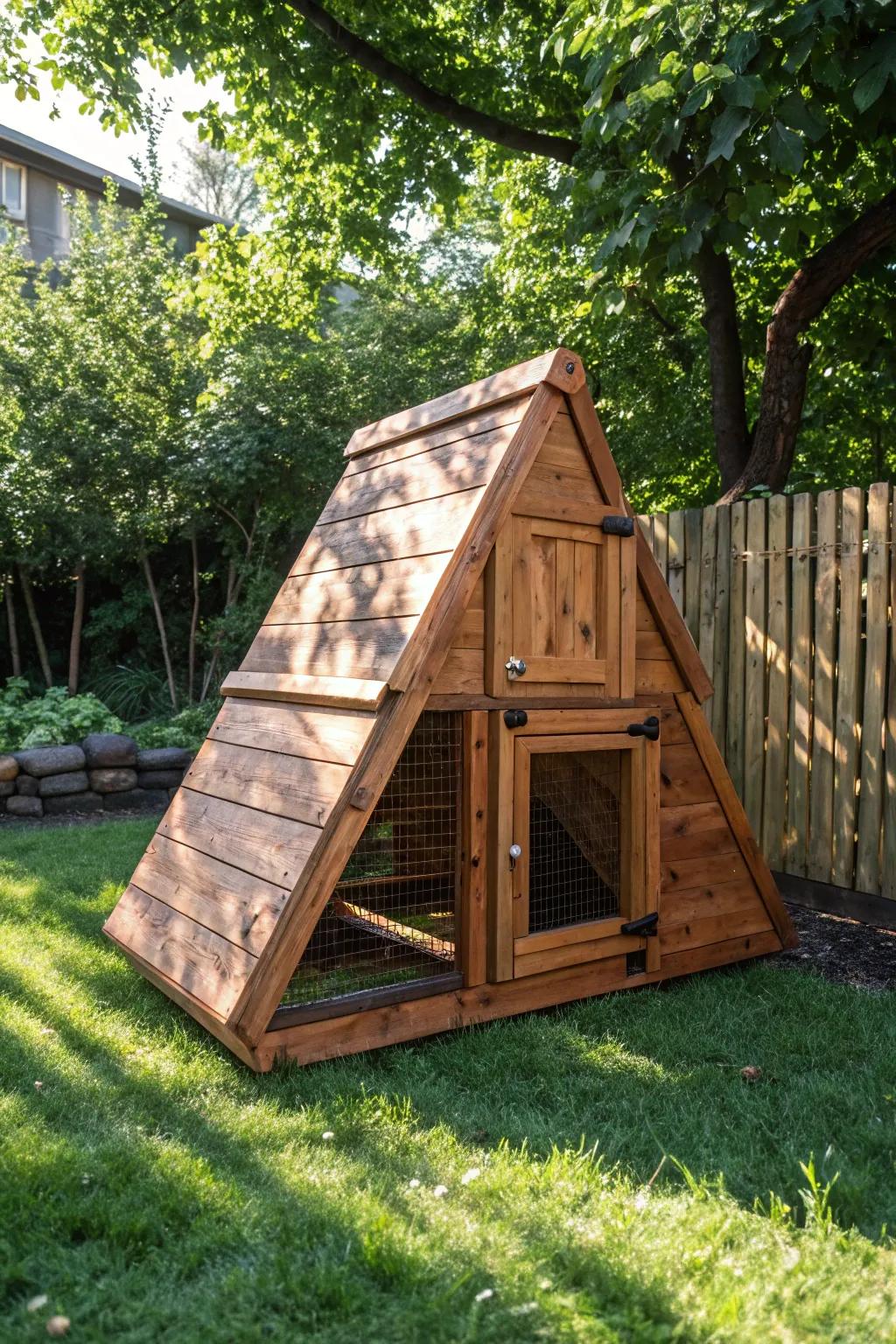Embrace simplicity with this beautifully crafted A-frame chicken coop, perfect for any backyard transformation.