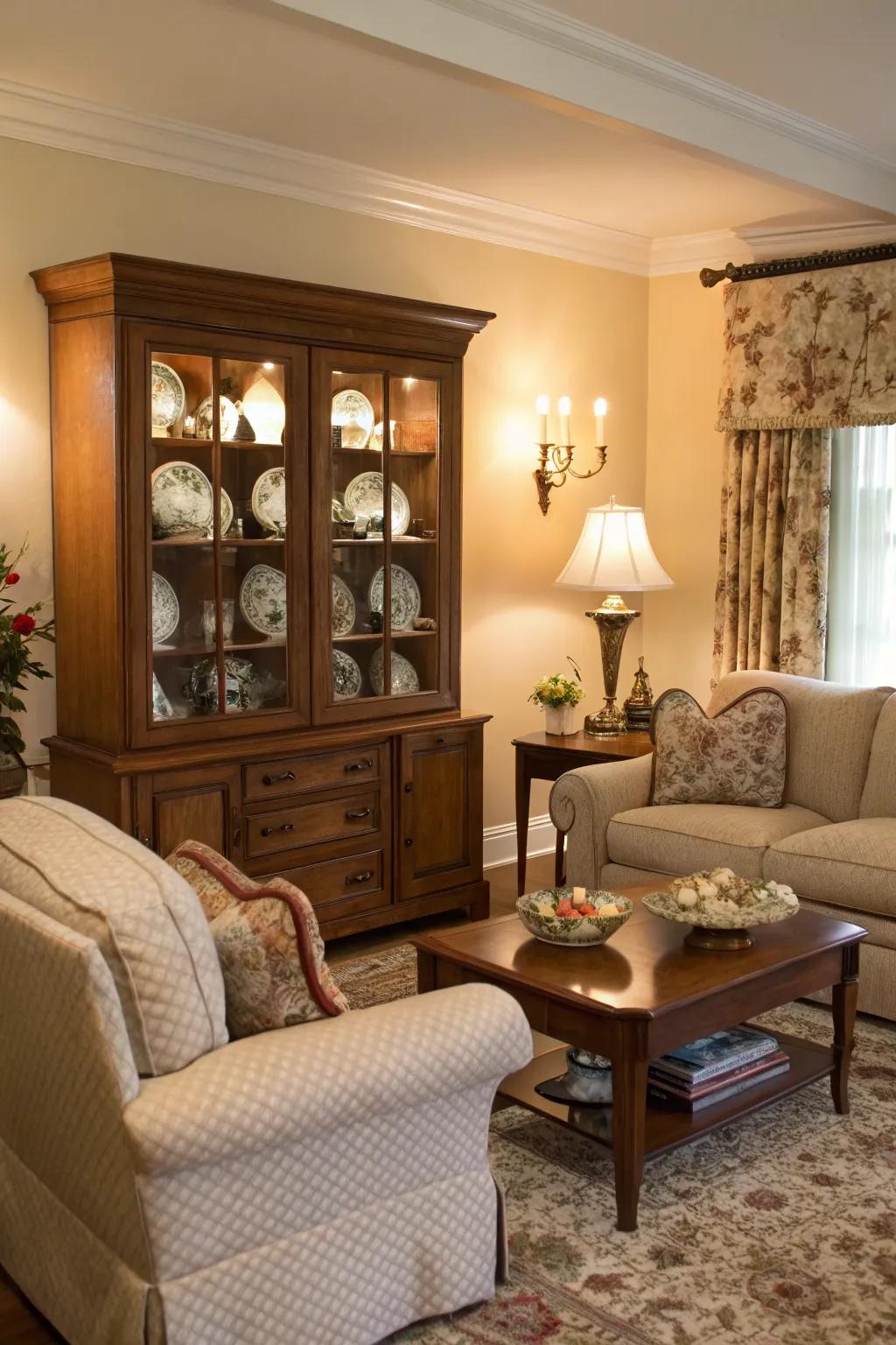 Comfortable chairs near a display hutch for a pleasant ambiance.