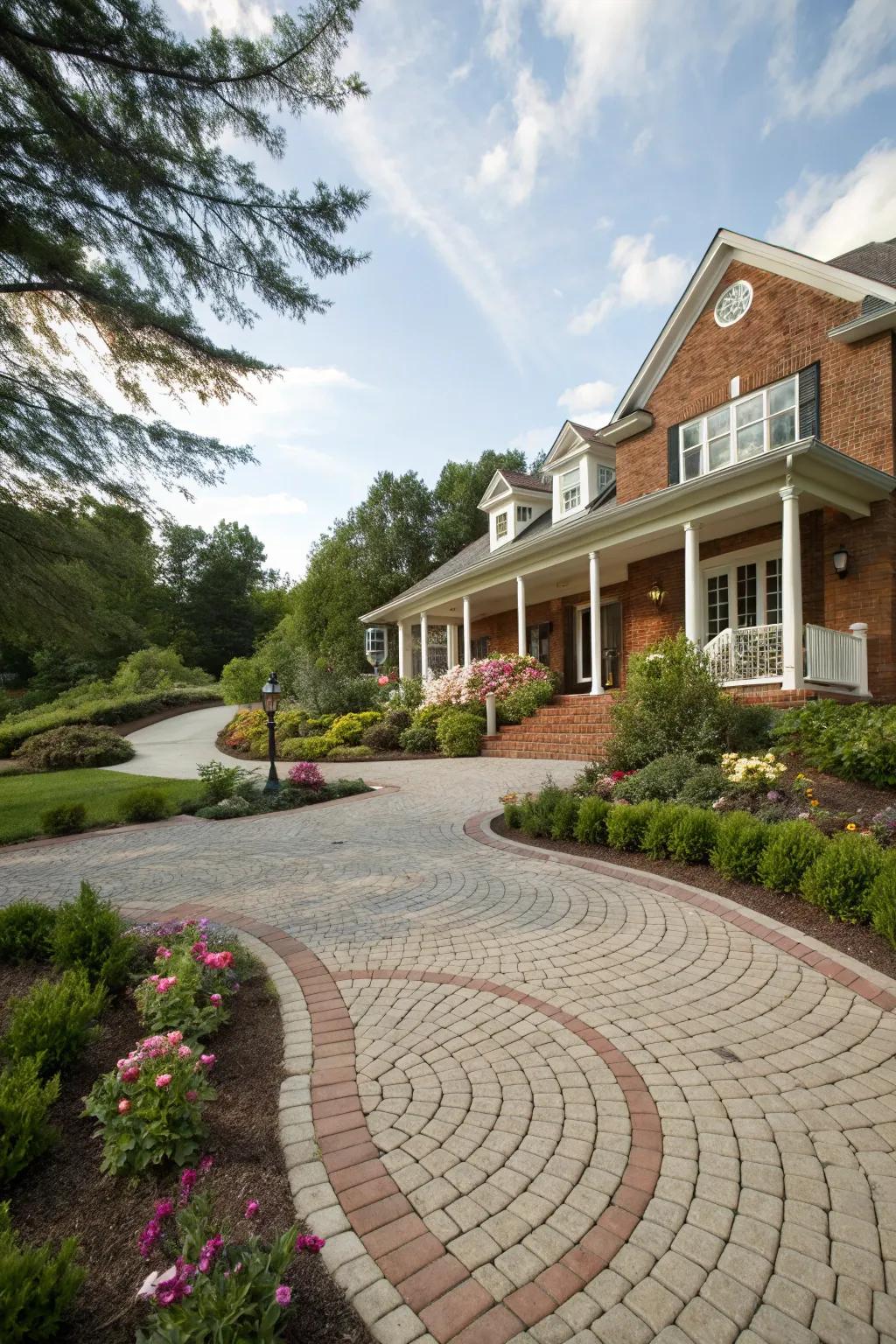 A beautiful brick driveway enhancing a traditional home.