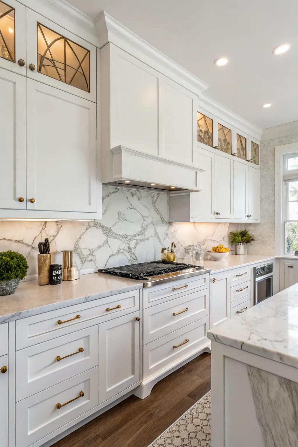 Refined stone backsplash enhances the extravagance of this kitchen.