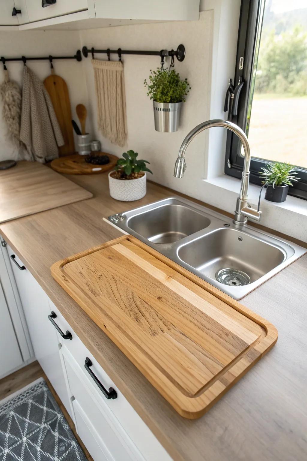 Maximize your campervan space with style: a versatile sink cover that doubles as a chic cutting board.