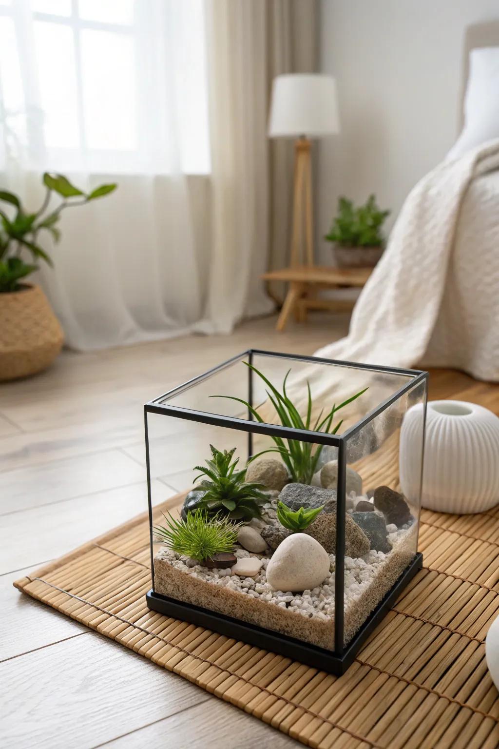 A Zen stone garden terrarium for a peaceful ambiance.