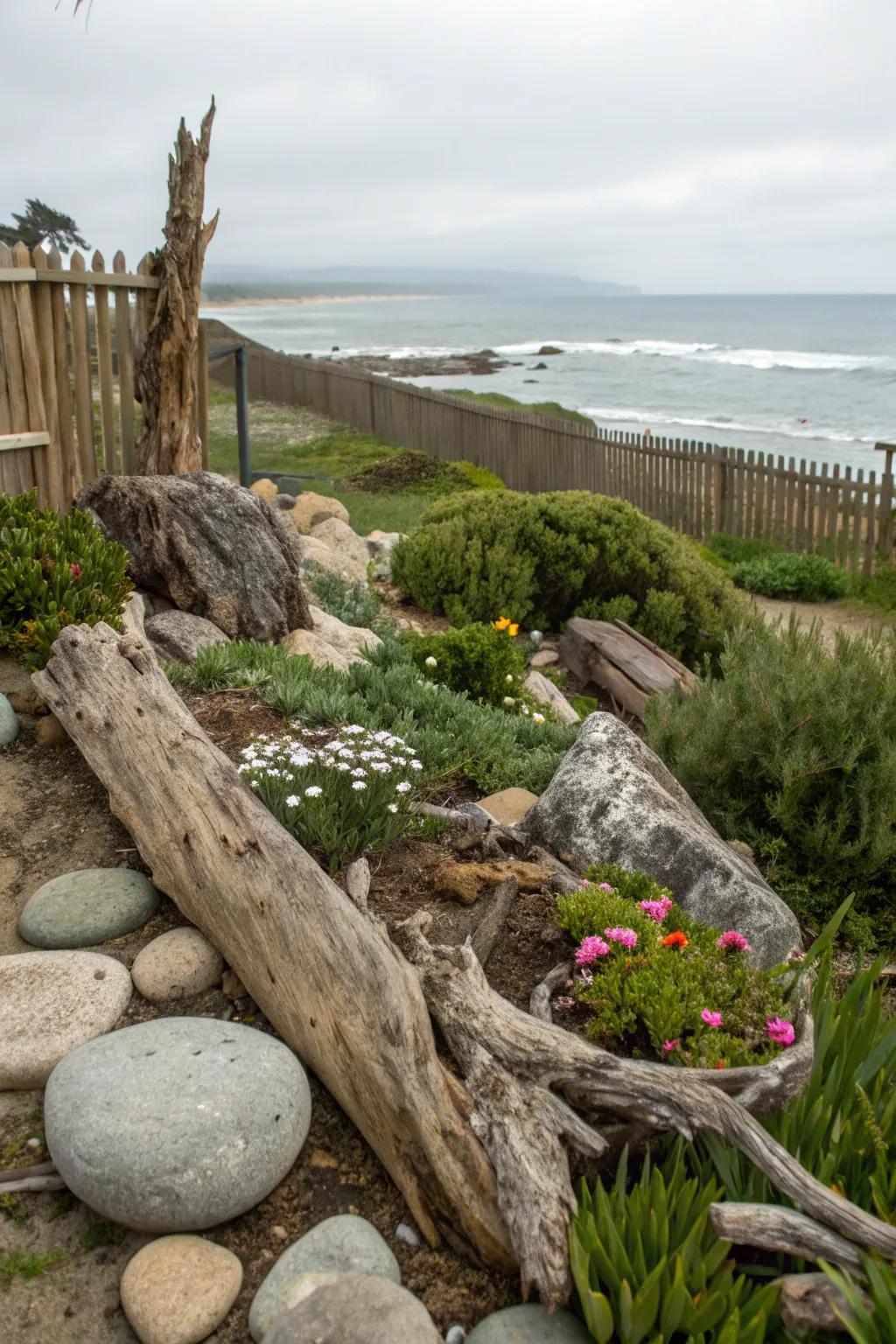 Weathered materials contribute authenticity and charm to a coastal garden.
