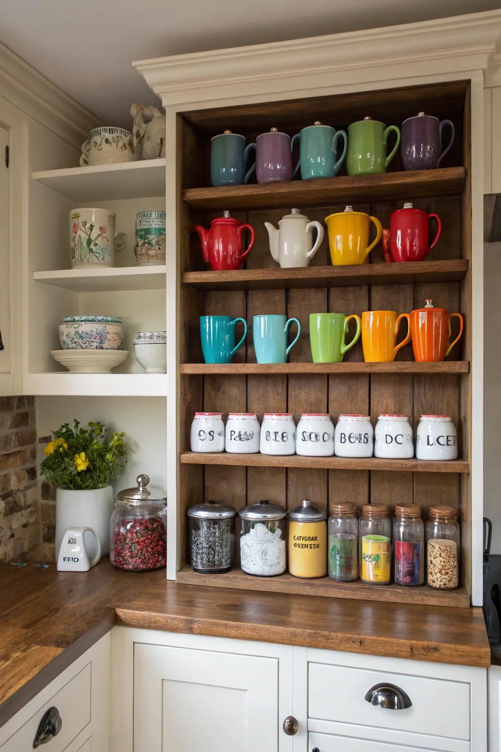 Open shelving keeps your coffee and tea essentials within easy reach and beautifully displayed.