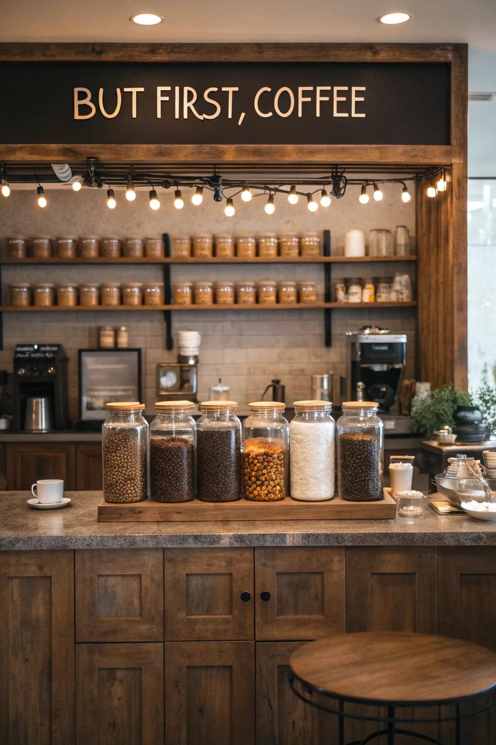 A coffee bar with a lovely 'But First, Coffee' notice.