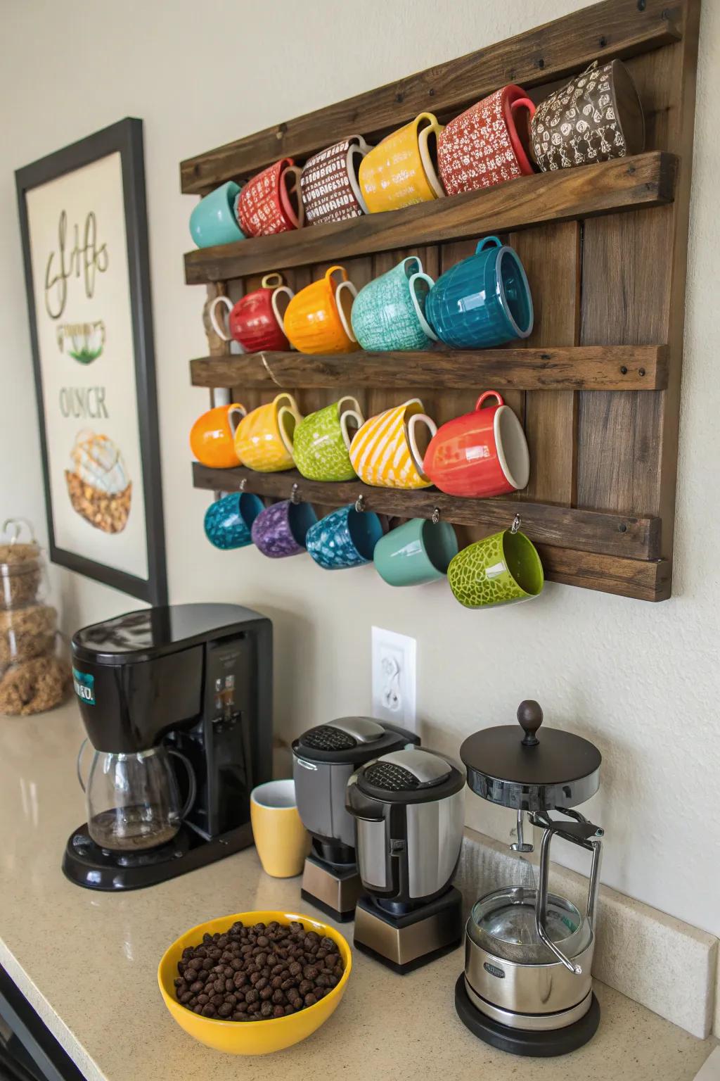 An inventive mug display enhancing the ambiance of your area.
