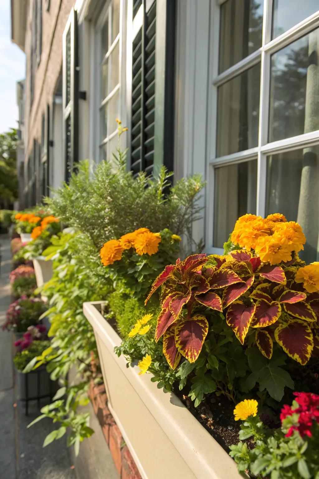 Fancy foliage and gold blooms create a vibrant summer display.