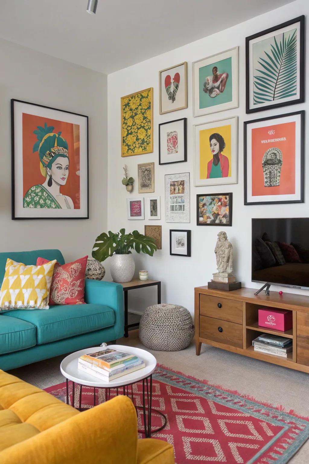 A gallery wall with vibrant shades contributes a personal element to the lounge area.