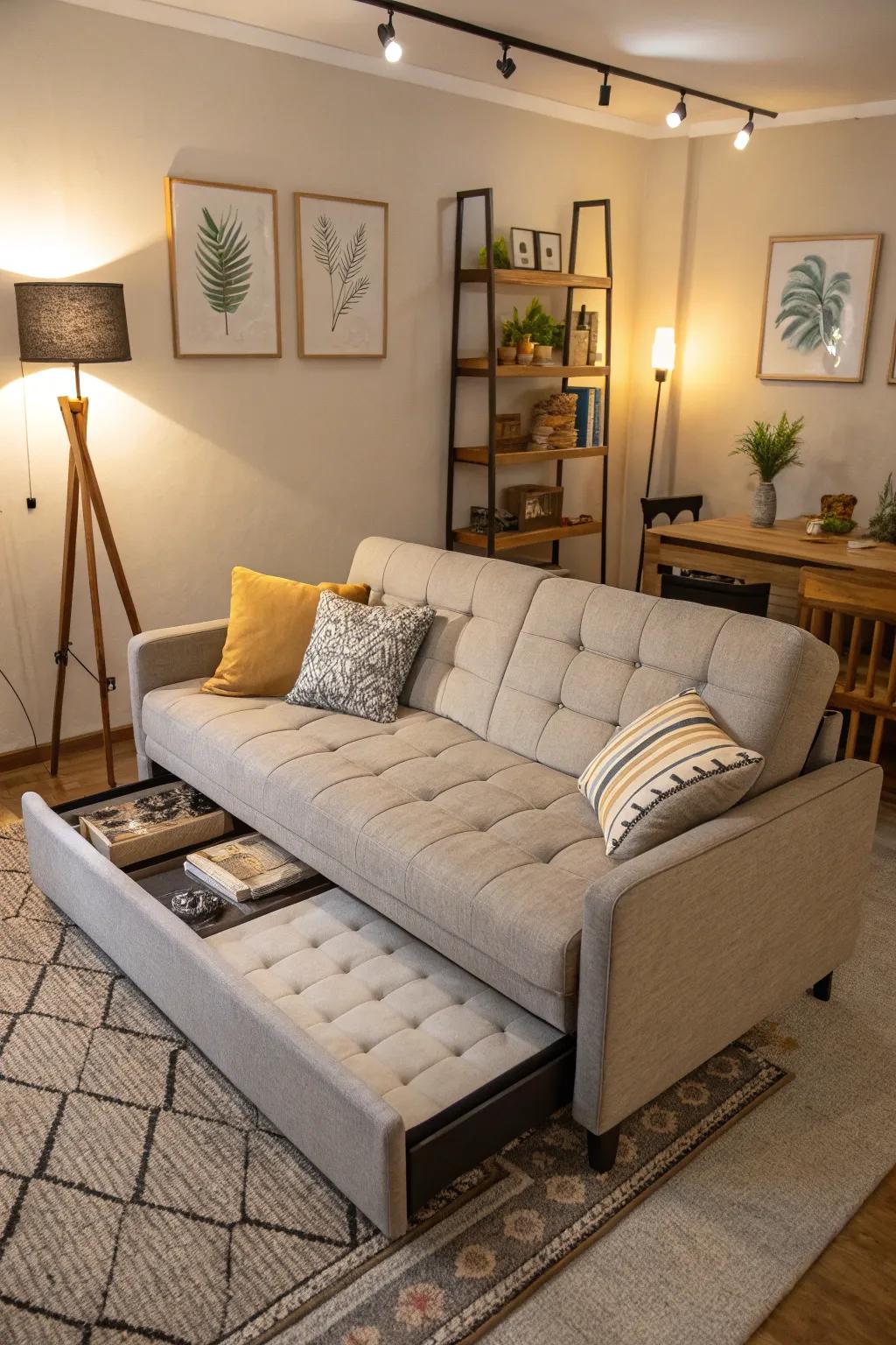 A convertible sofa that can be turned into a bed for guests.