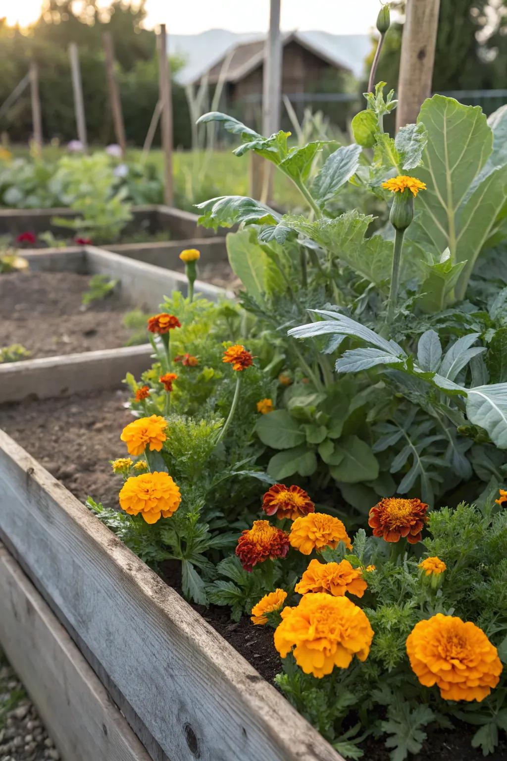 Your vegetable garden gains beauty and security from marigolds.