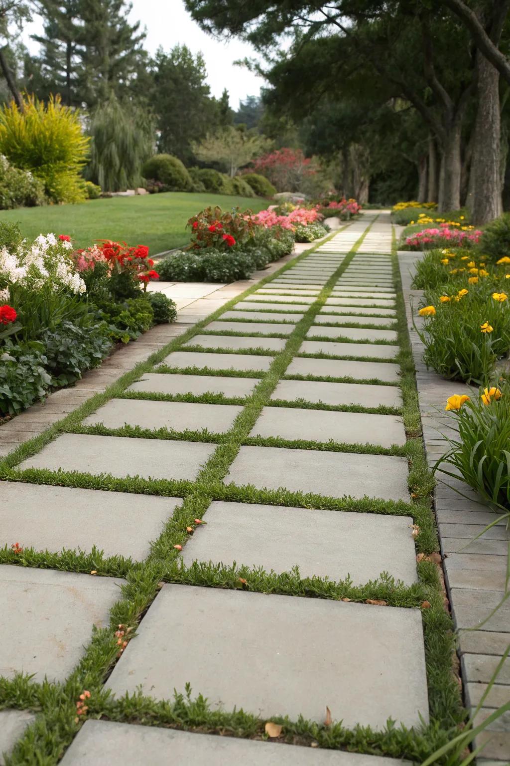 Grass inlays soften the look of concrete walkways.