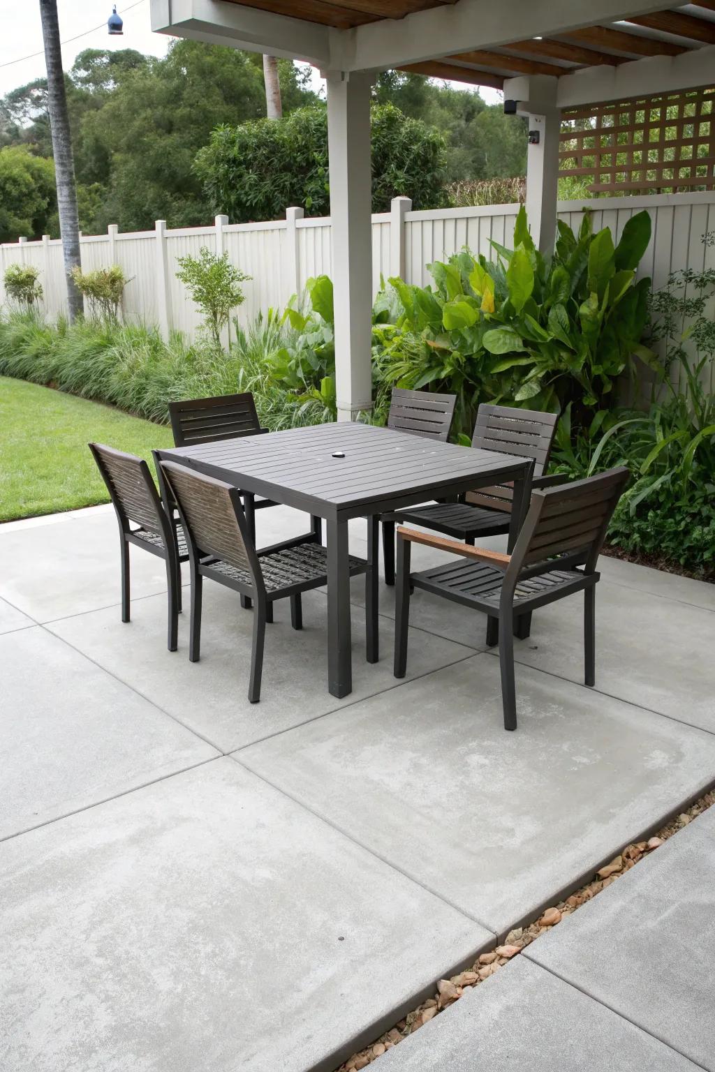 A concrete patio featuring a sleek outdoor dining set, ready for gatherings.