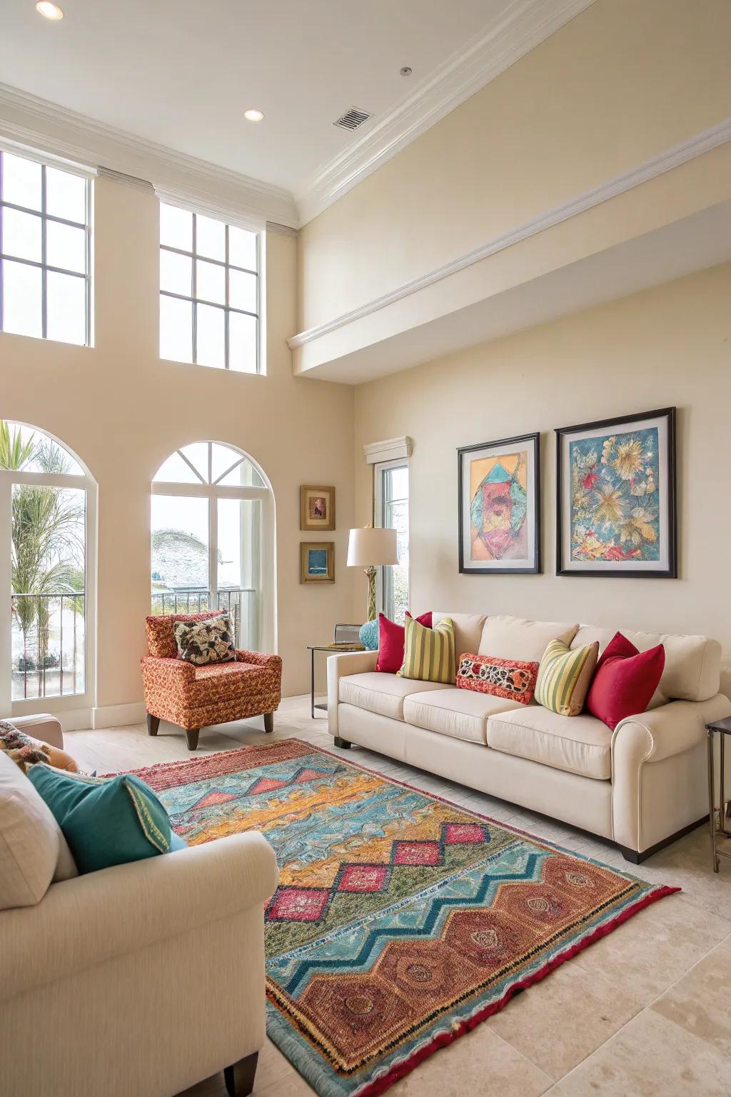 A condo interior with a neutral color palette and colorful accents.