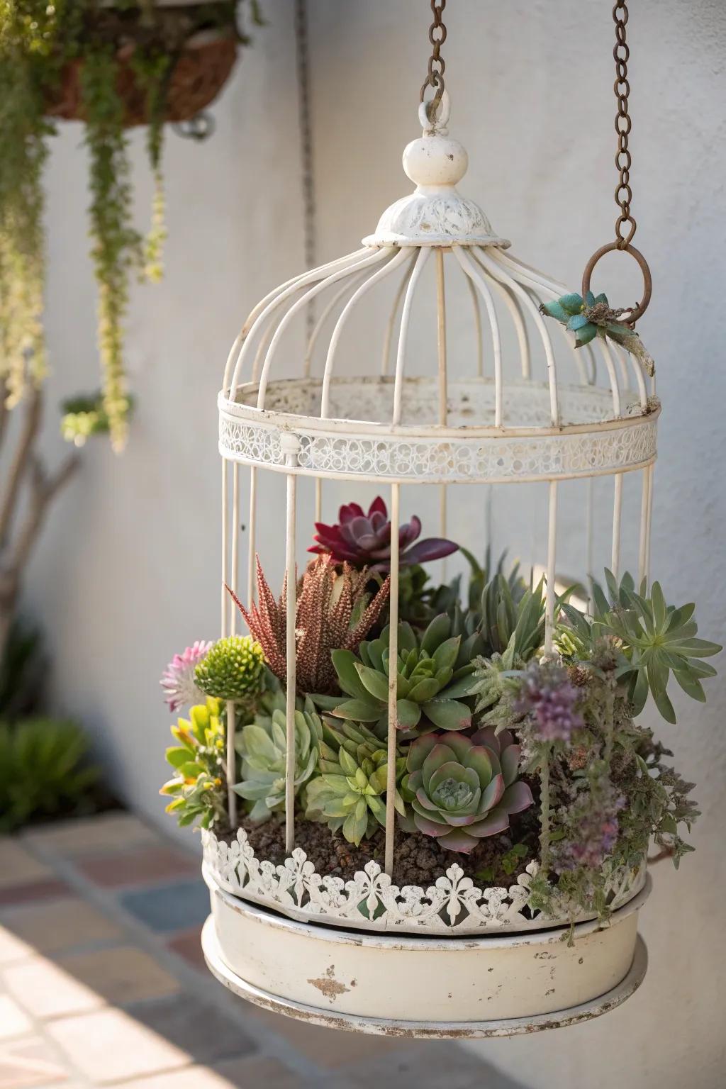 Transform your space with this enchanting succulent birdcage display—where simplicity meets natural beauty.