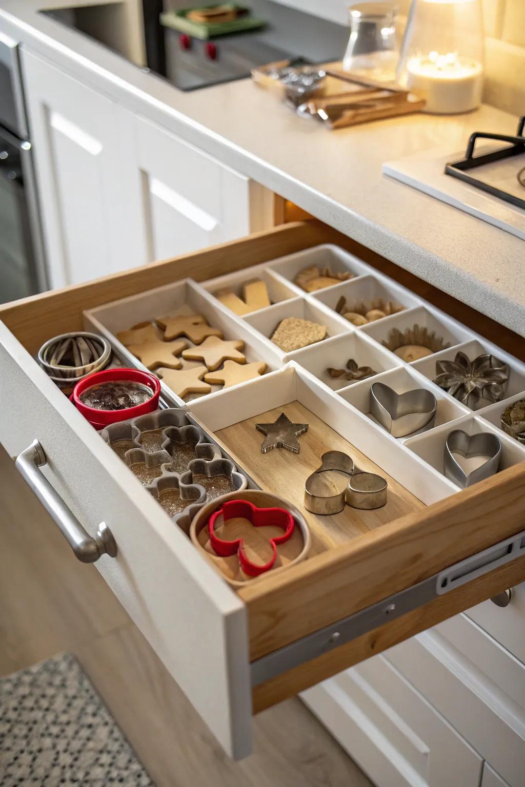 A drawer with dividers organizing cookie cutters by theme.
