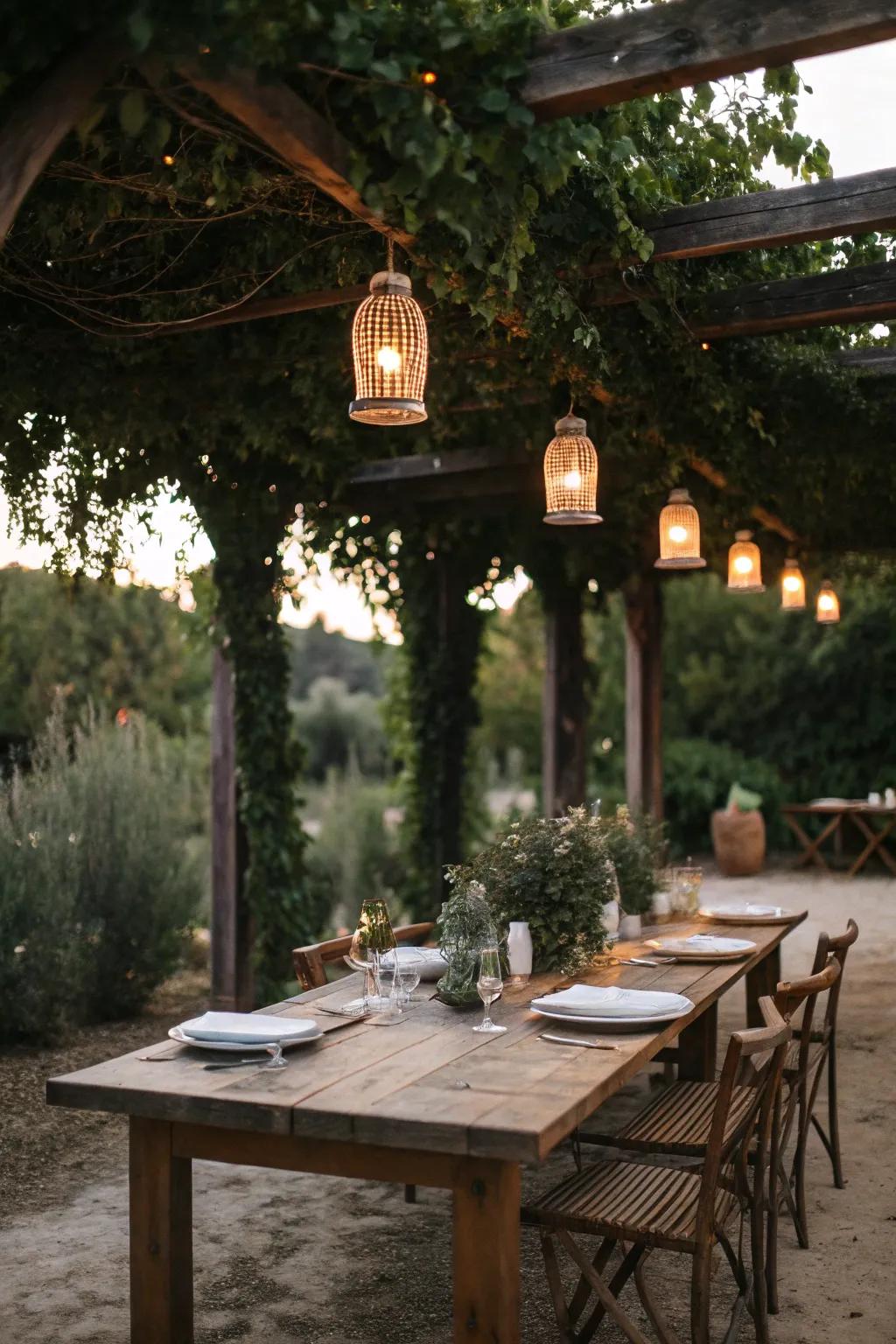 Dining in the open air becomes a delight with the appropriate arrangement.