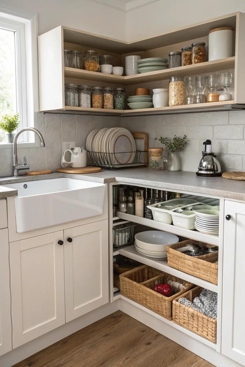 Corner cabinets and shelves offering efficient storage solutions around a corner sink.