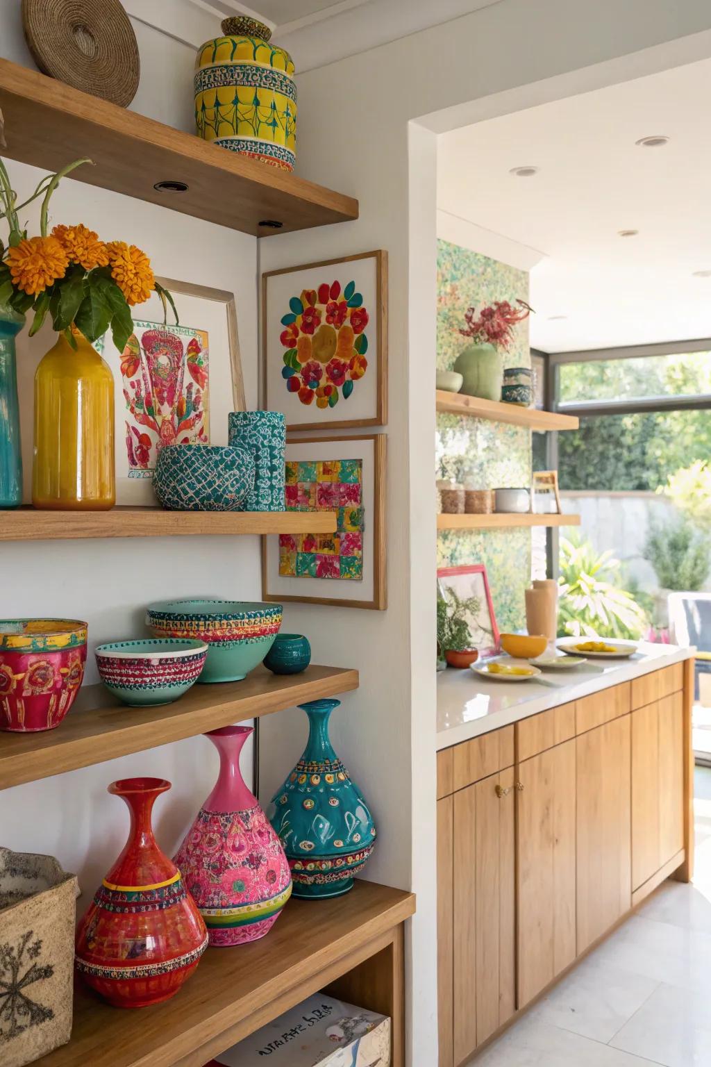 Decorative elements add a personal touch to open shelves.