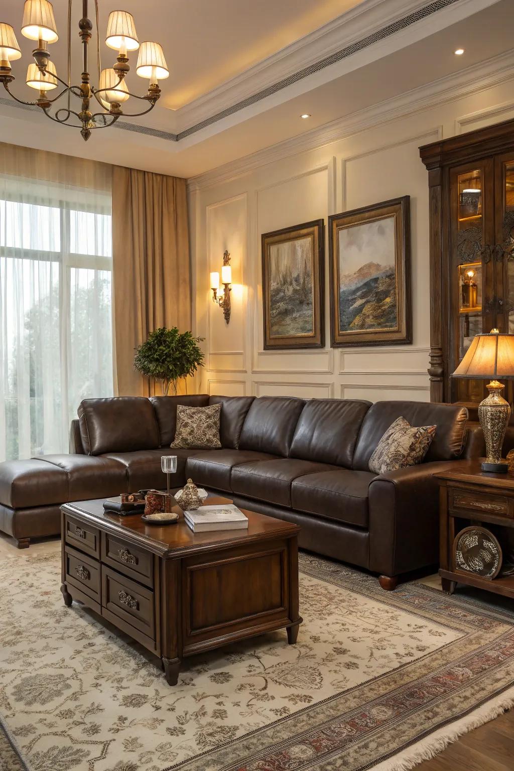 Timeless elegance and durability come together in a leather corner sofa.