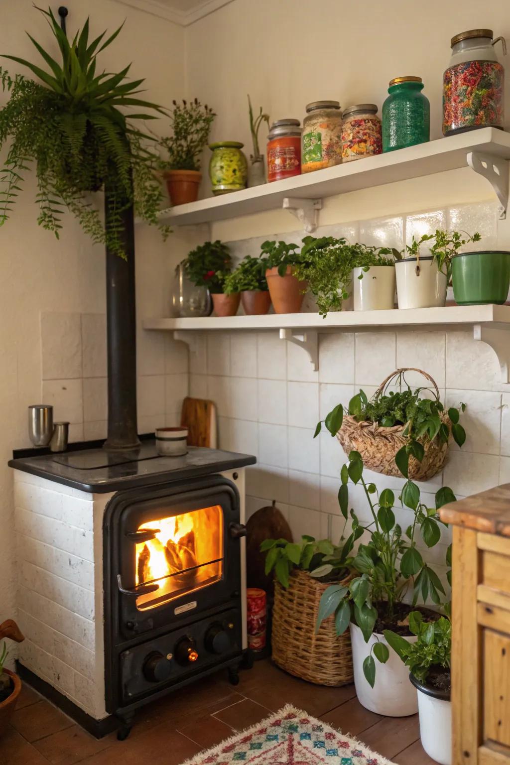 Add personality with open shelving above your corner stove.