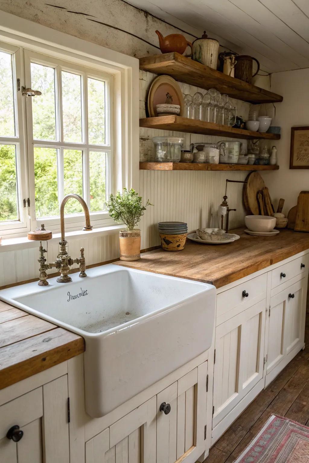 A traditional sink acts as a down-to-earth centerpiece in this countryside cooking area.