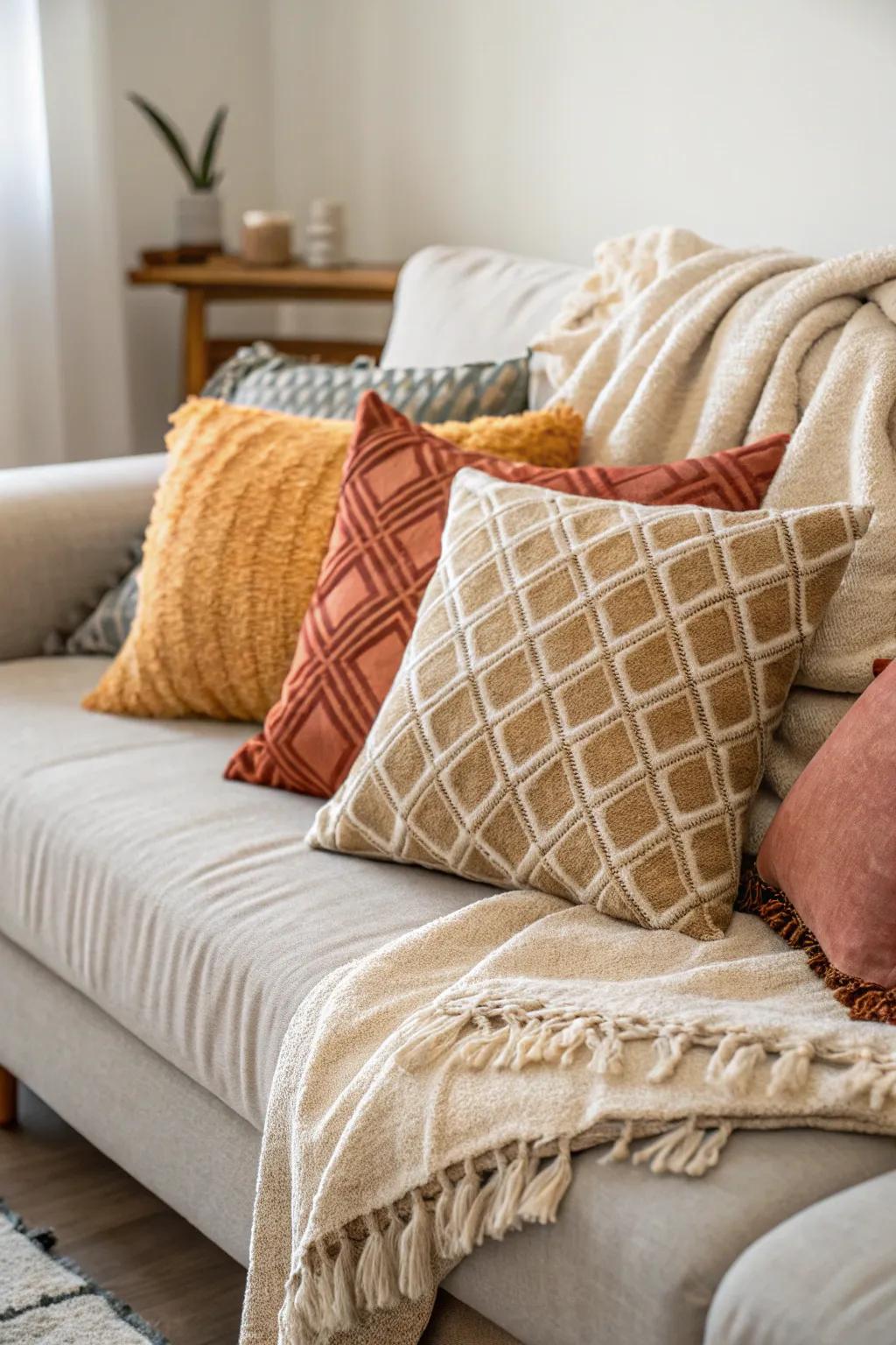 Layered throw pillows add comfort and style to the sofa.