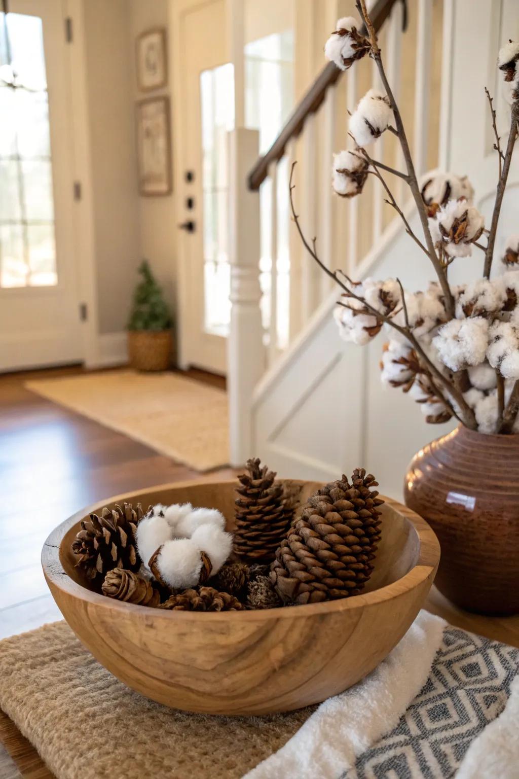 A cozy entryway display with cotton and pine cones.