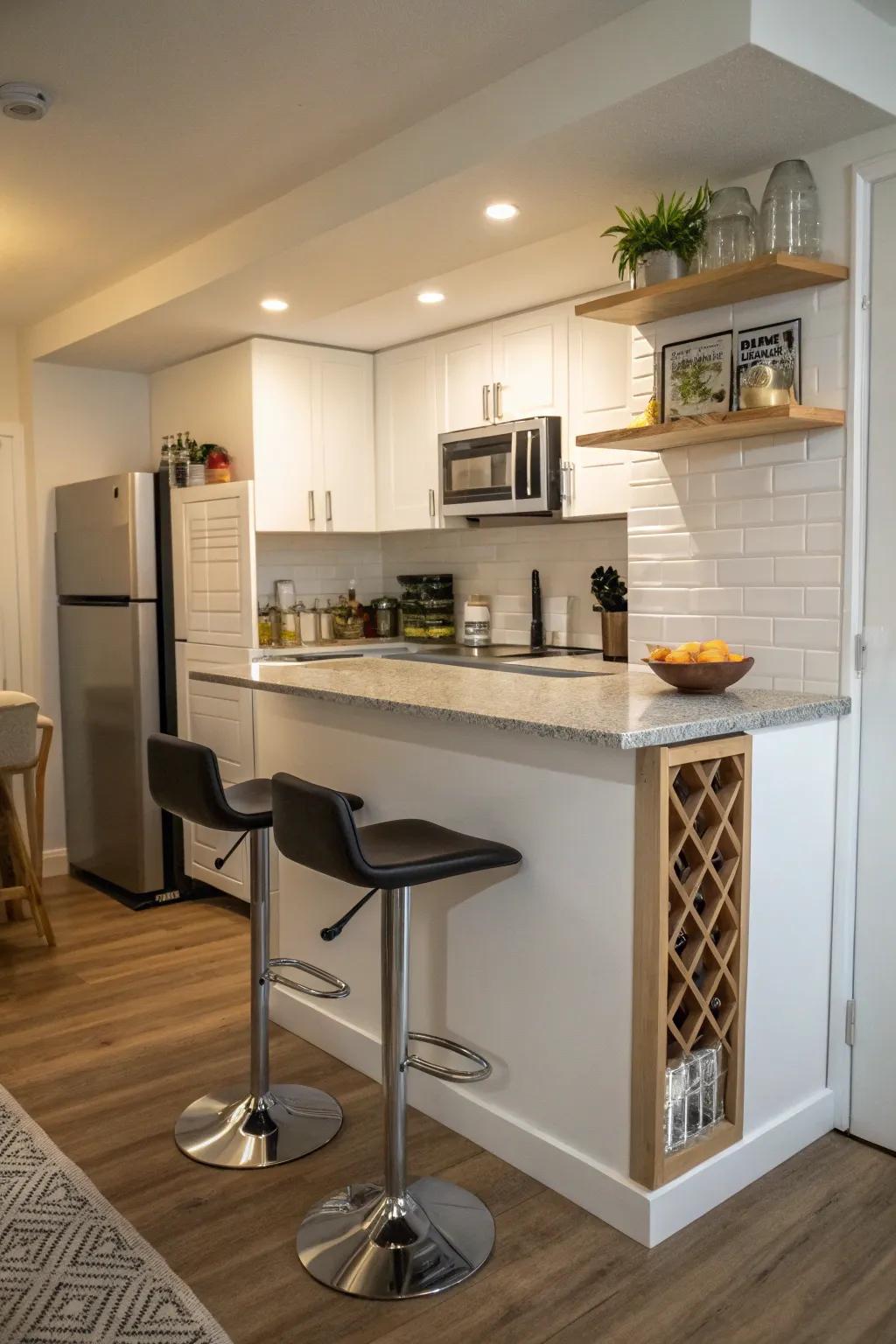 A compact kitchen featuring a stylish countertop bar.