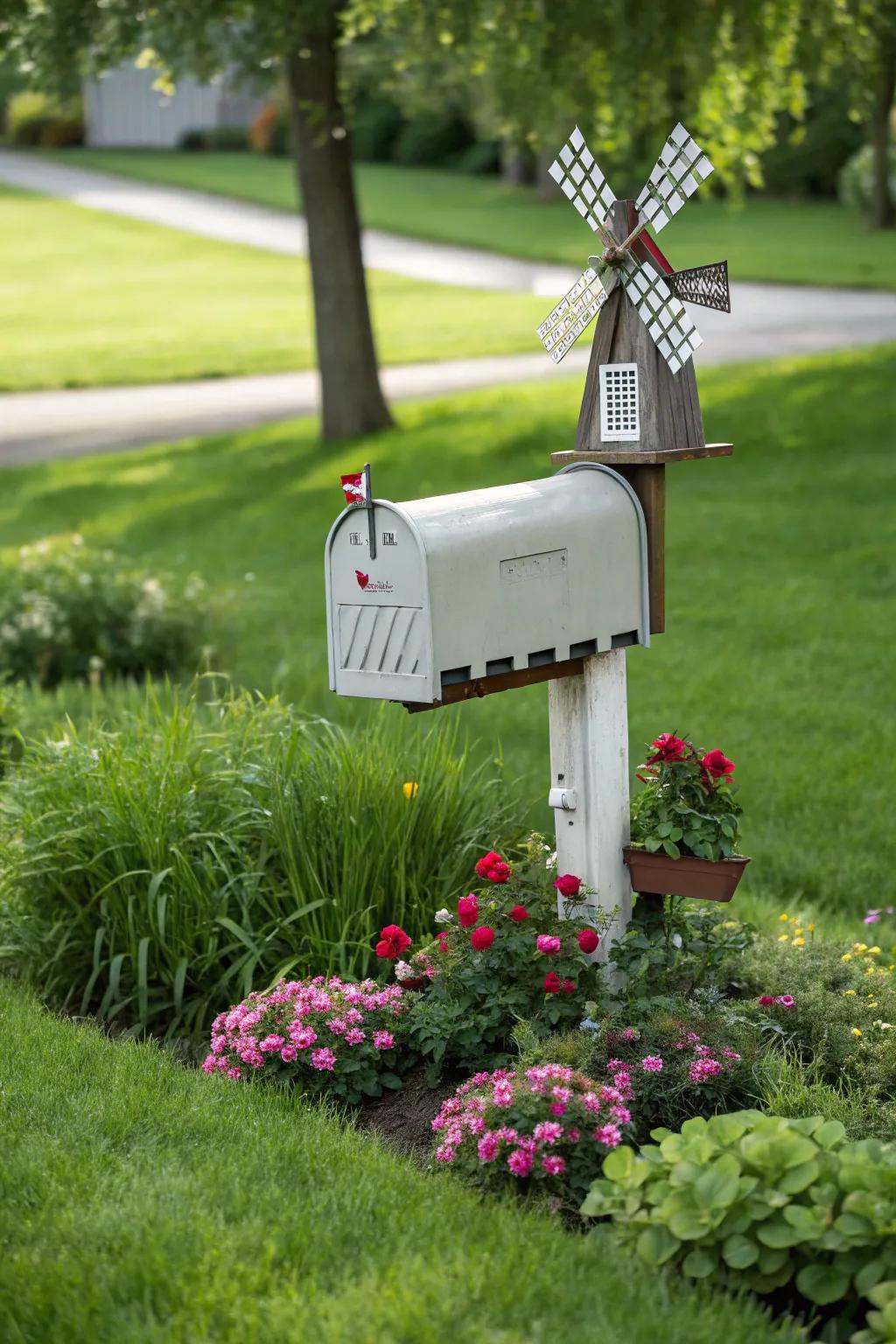 A whimsical windmill atop a mailbox provides a lively aspect to the overall design.