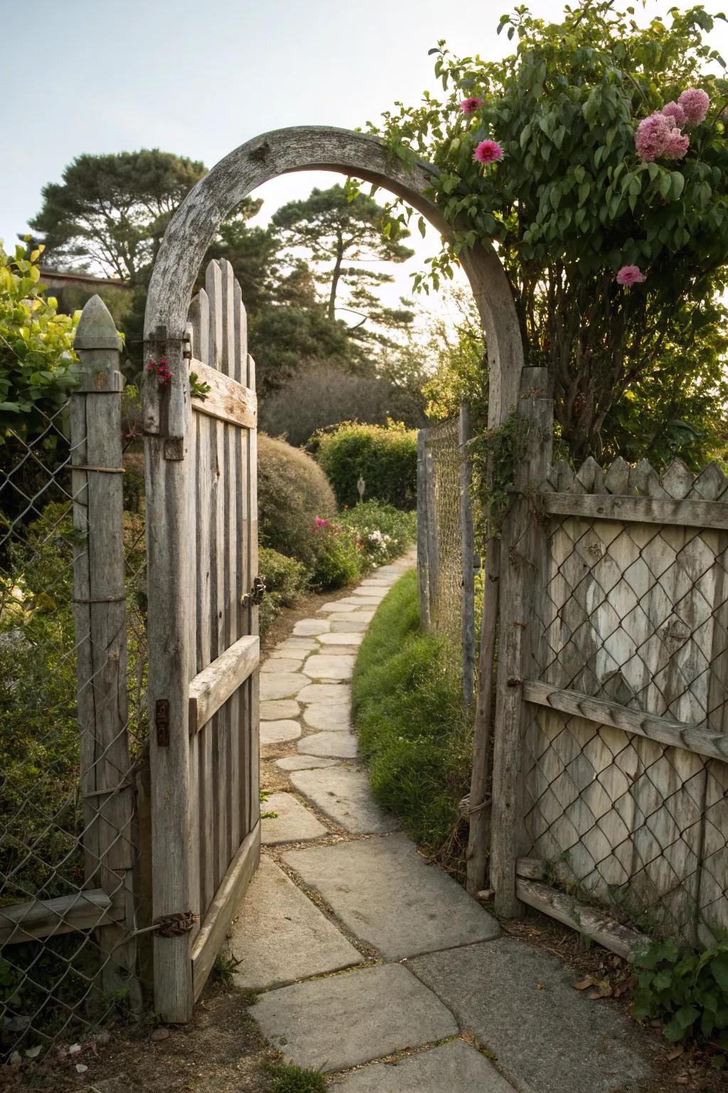 A charming arched wood entranceway adds class to practical fencing.