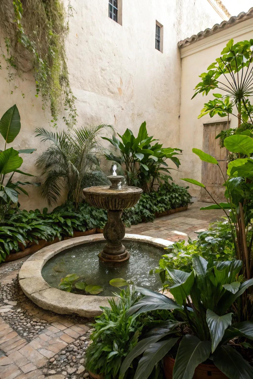 A gentle water feature adds a calming effect to the courtyard.