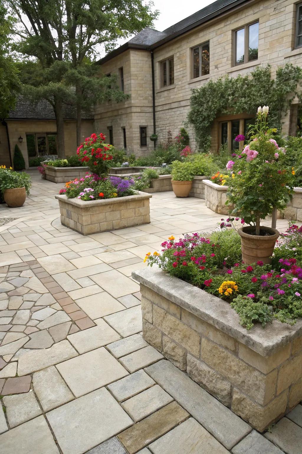 Enhance your courtyard by integrating greenery within the paving design.