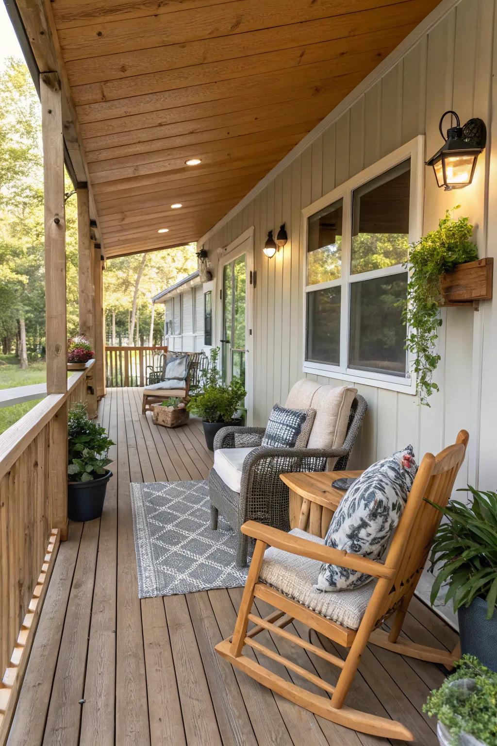 Wooden decking offers a warm and inviting base for your porch.