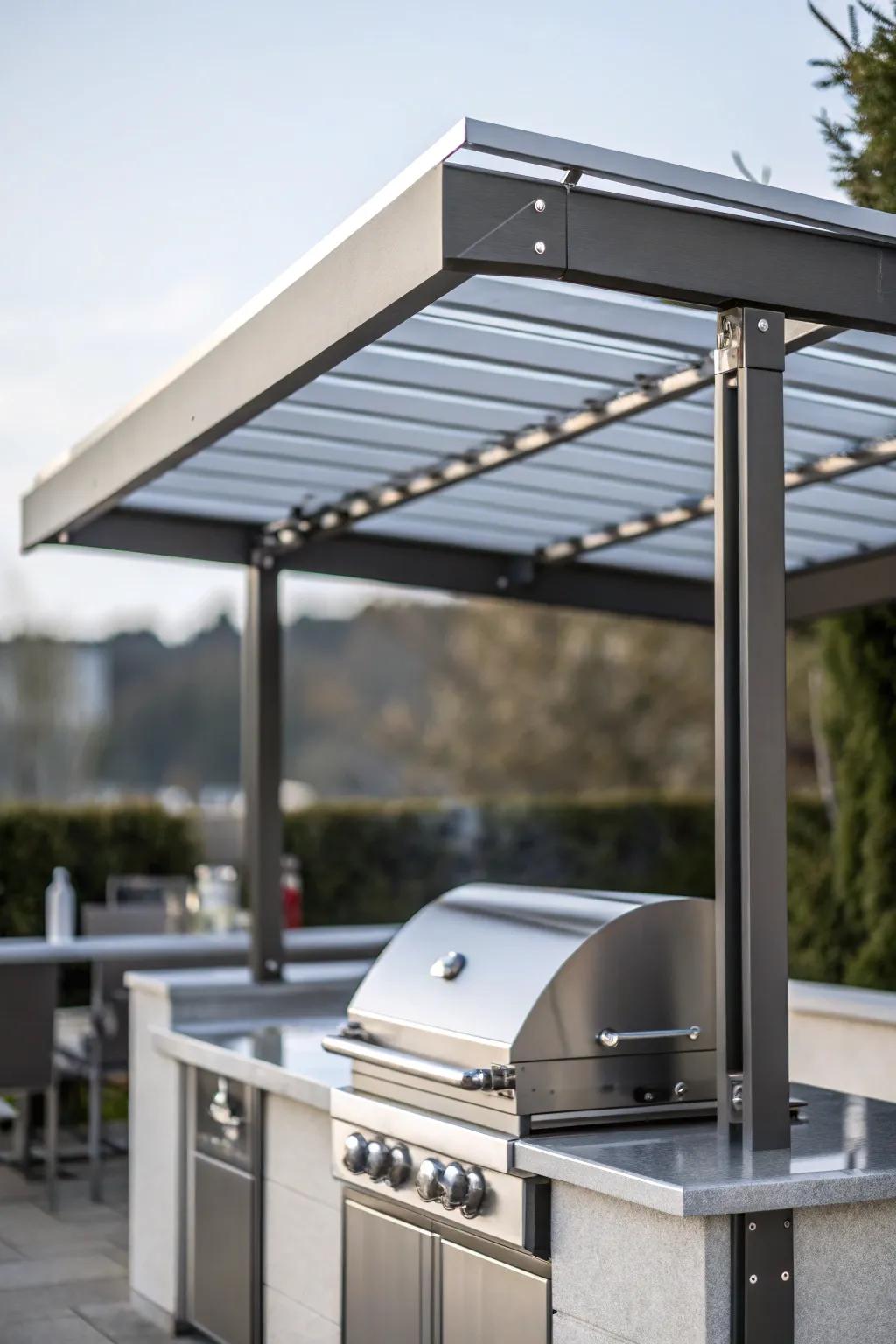 A sleek, minimalist metal canopy providing a stylish cover for a grill.