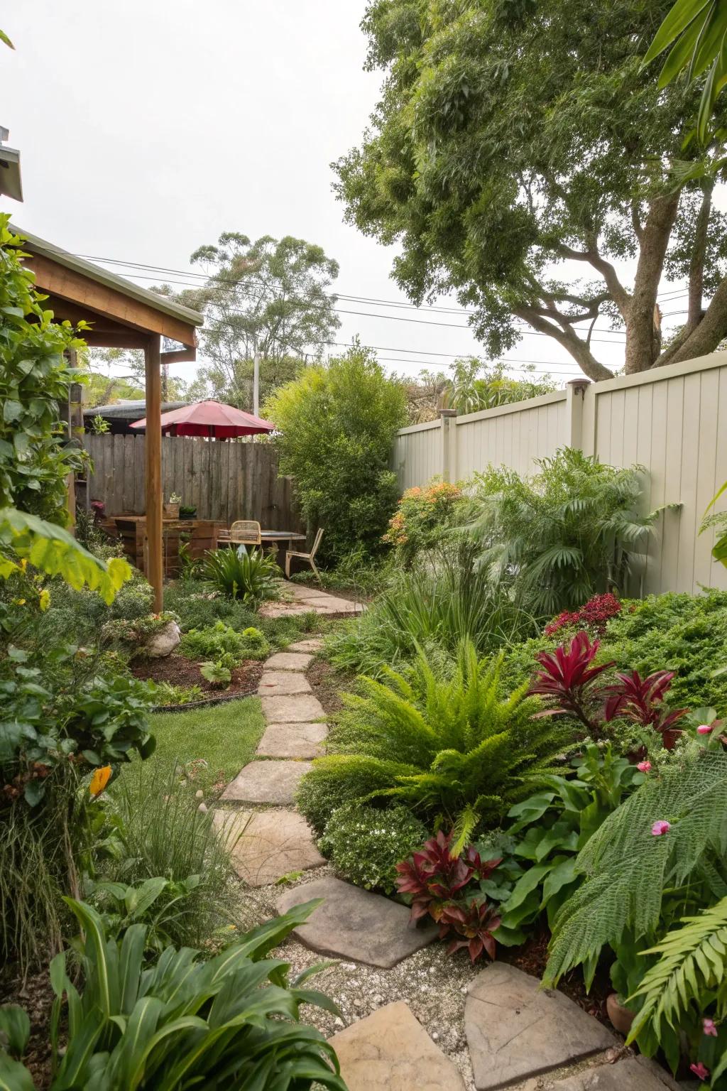 Greenery enhances the natural beauty of a backyard.