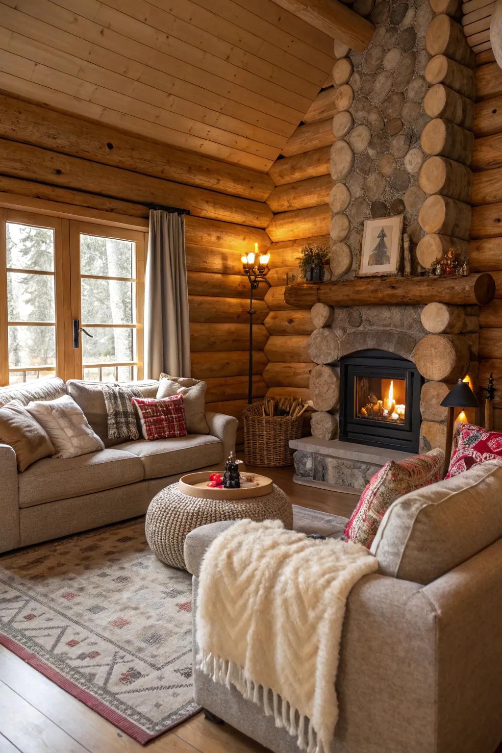Inviting plush seating area perfect for relaxation in a log cabin.
