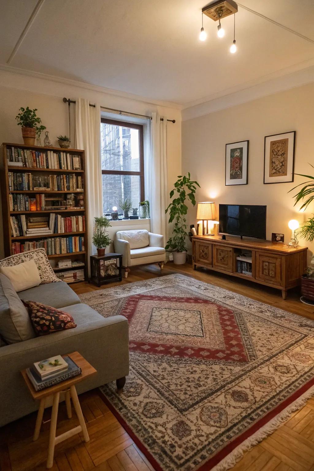 Rugs creating distinct zones in a studio apartment.