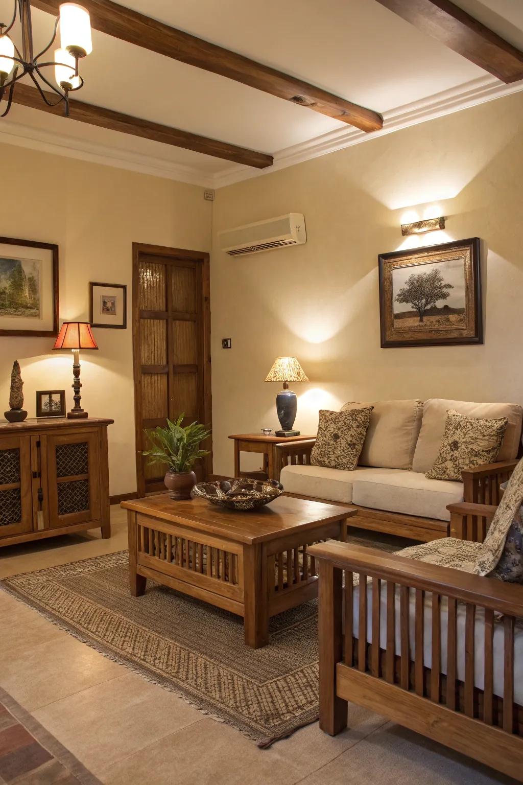 Wood details add earthy warmth.