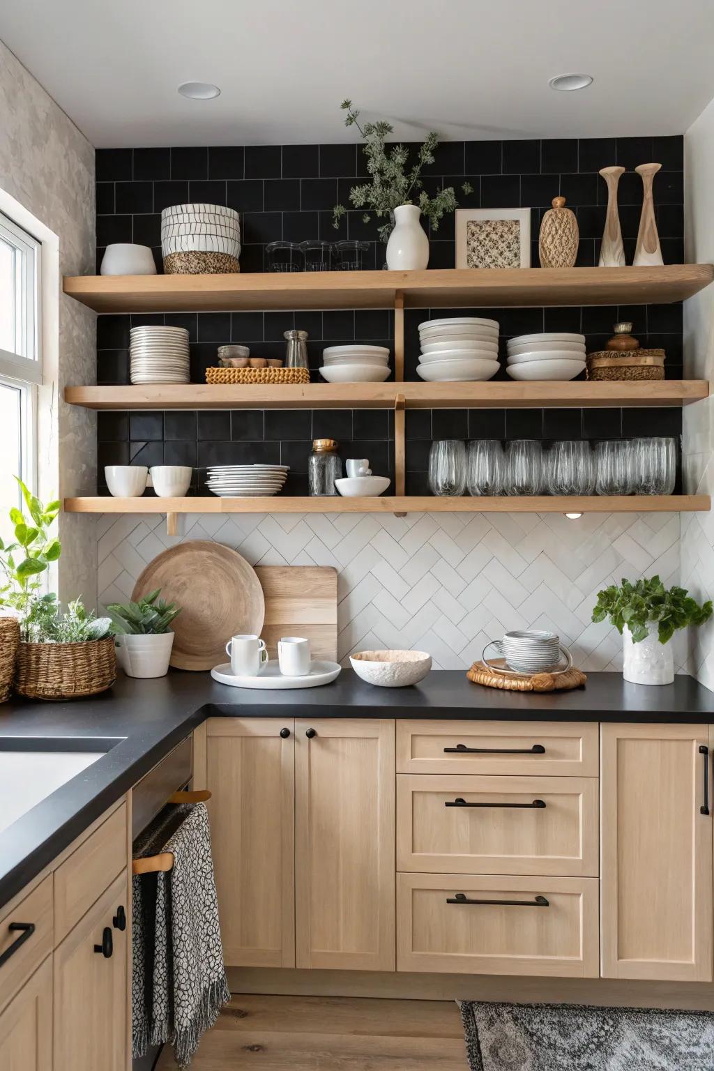 Open shelving adds personality and an airy feel to the kitchen.