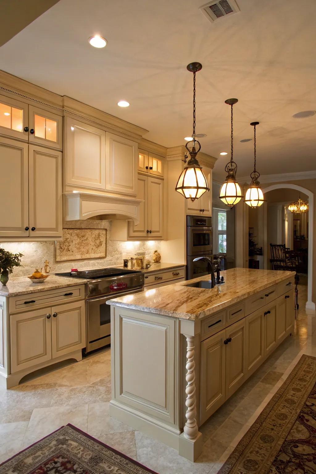 Cozy lighting fashions an inviting atmosphere.