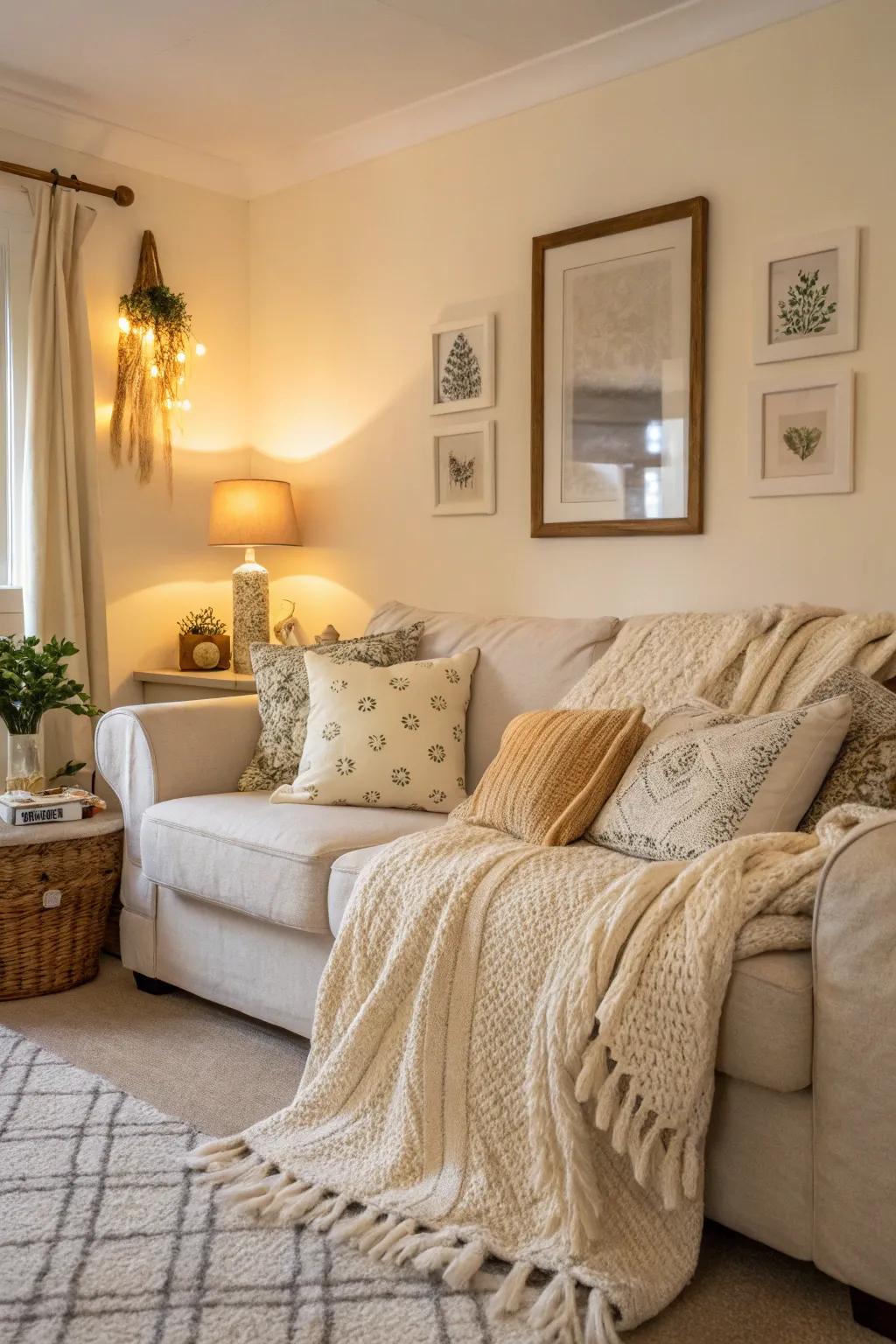 Cozy accessories make cream spaces feel like home.