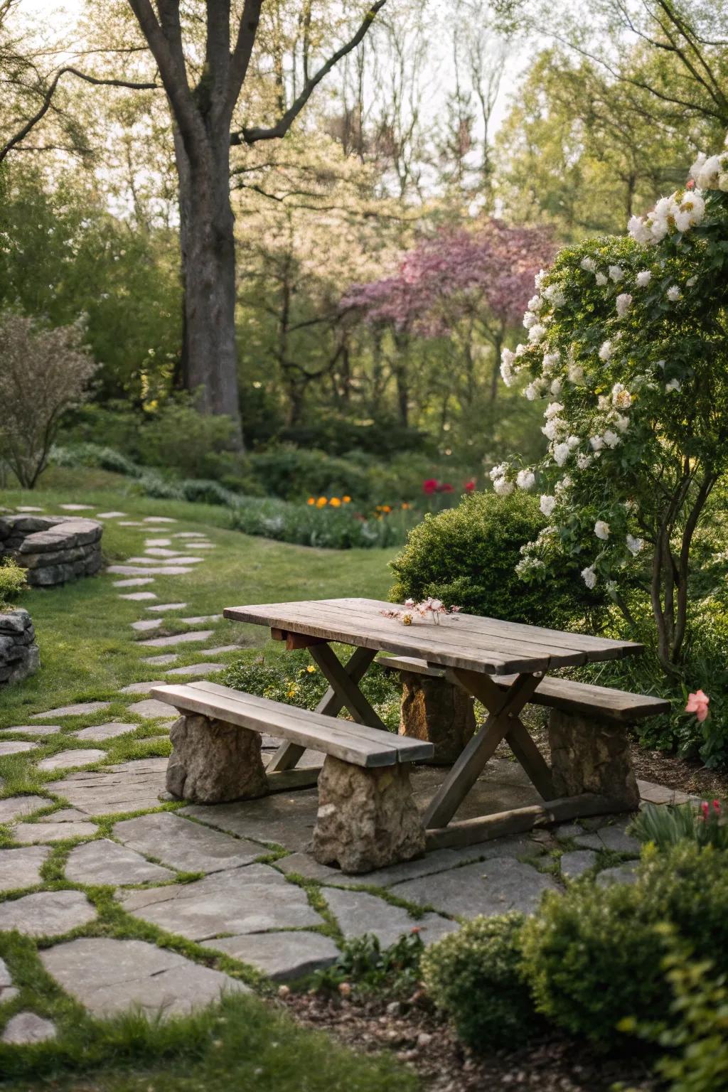 A picnic table combining the strength of stone with the warmth of wood.