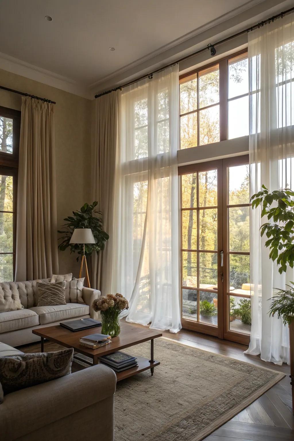Sheer curtains allow natural light to fill the room.